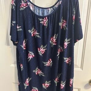 Croft & Barrow Blue Relaxed Blouse with Pink Floral Print